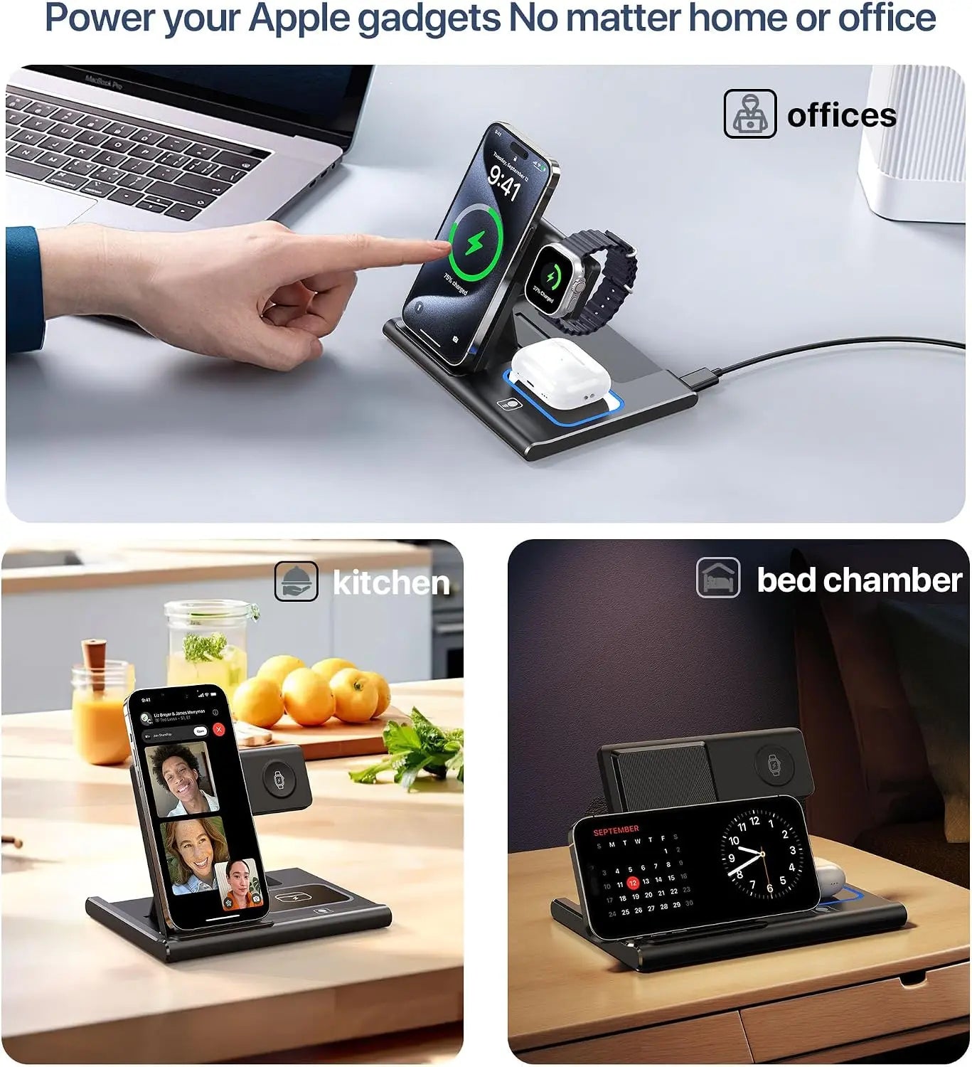3 in 1 Charging Station, Charging Station for Apple Devices, Wireless Charger for Iphone 16 15 14 13 12 11 Pro Max XR XS 8, Apple Watch and Airpods(Adapter Not Included)(Rock Black)