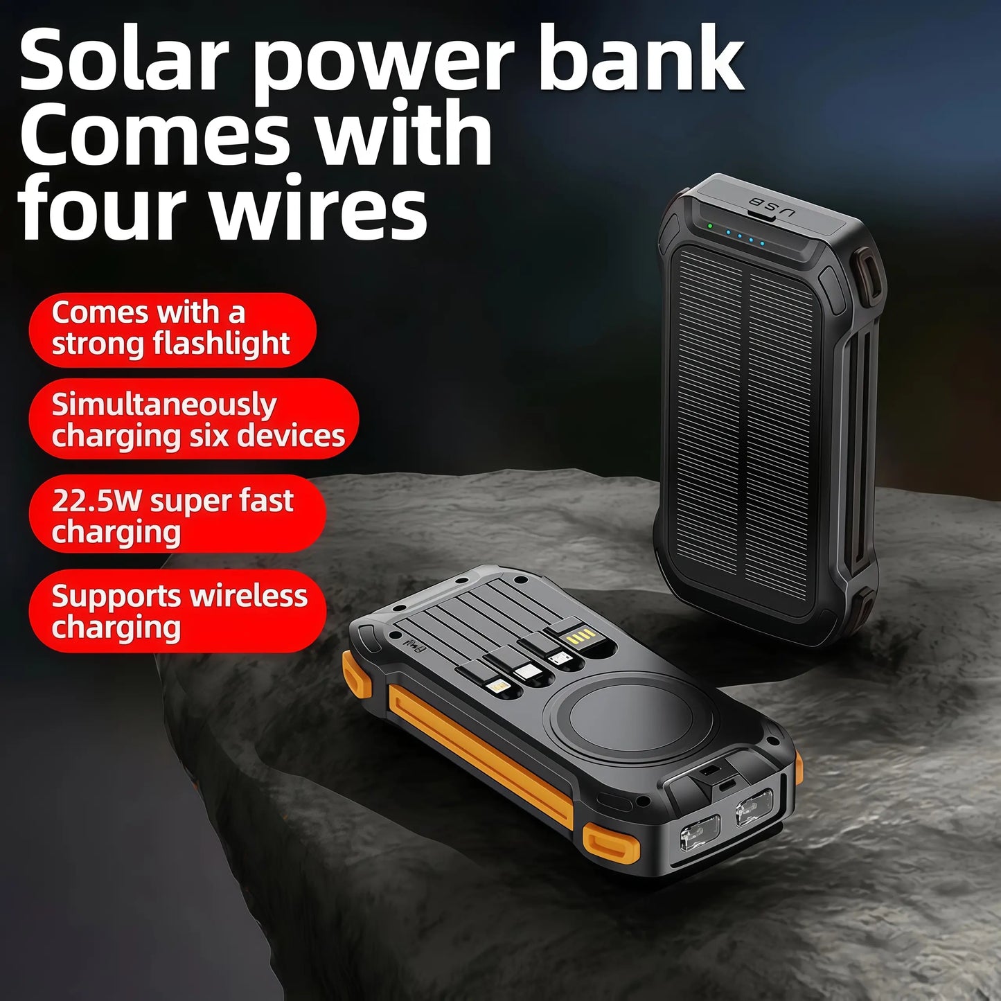 36000mAh Solar Portable Charger with 22.5W High-Speed Charging, Wireless Power Bank, QC3.0 Fast Charging, USB-C & Four Ports, Dual LED Flashlight, Outdoor Emergency Battery Pack