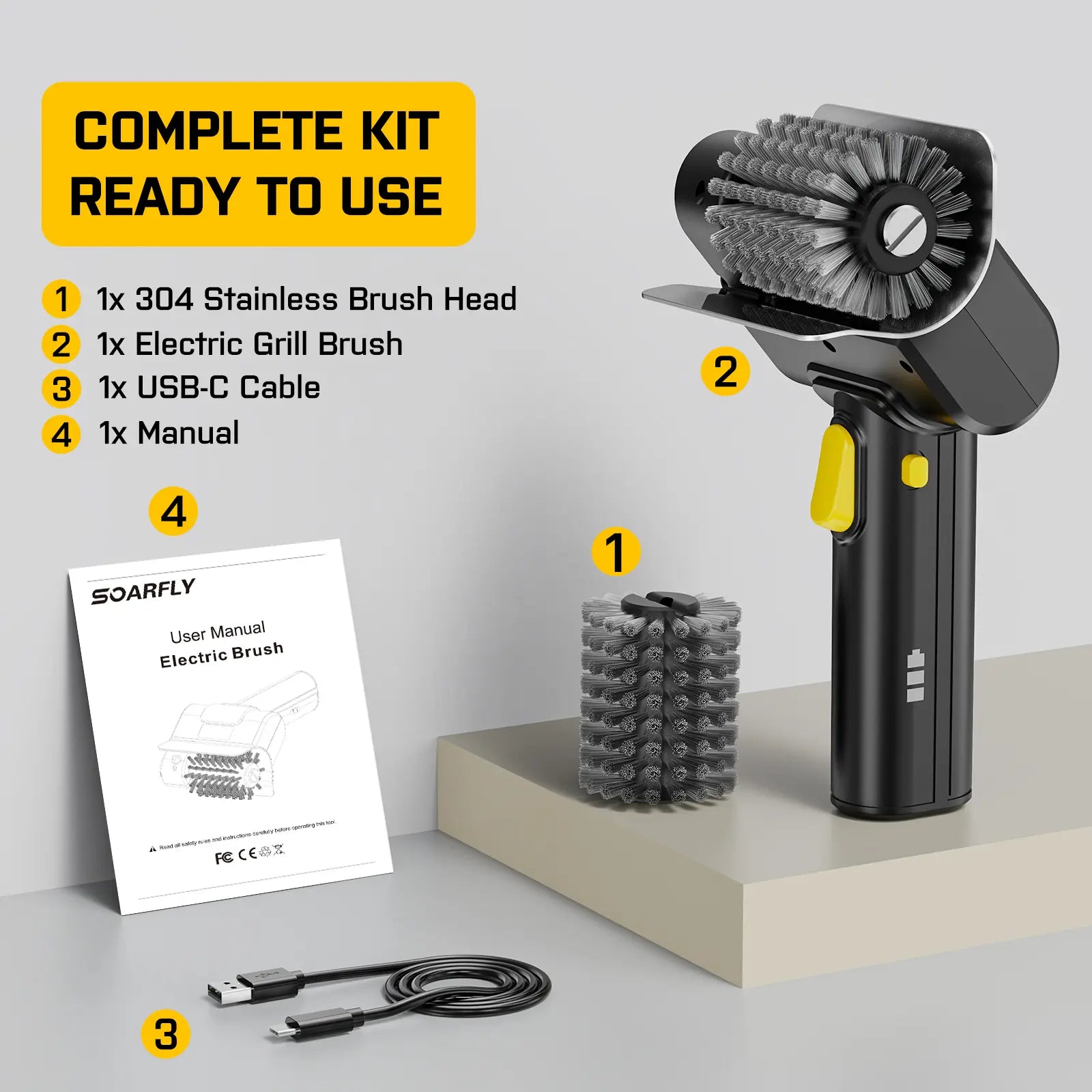 Electric Grill Brush, Rechargeable Cordless BBQ Cleaner with 600RPM Motor & Safety Locks, Includes Two 304 Stainless Steel Brush Heads, Compact Design for Narrow Spaces and Corners SOARFLY G9