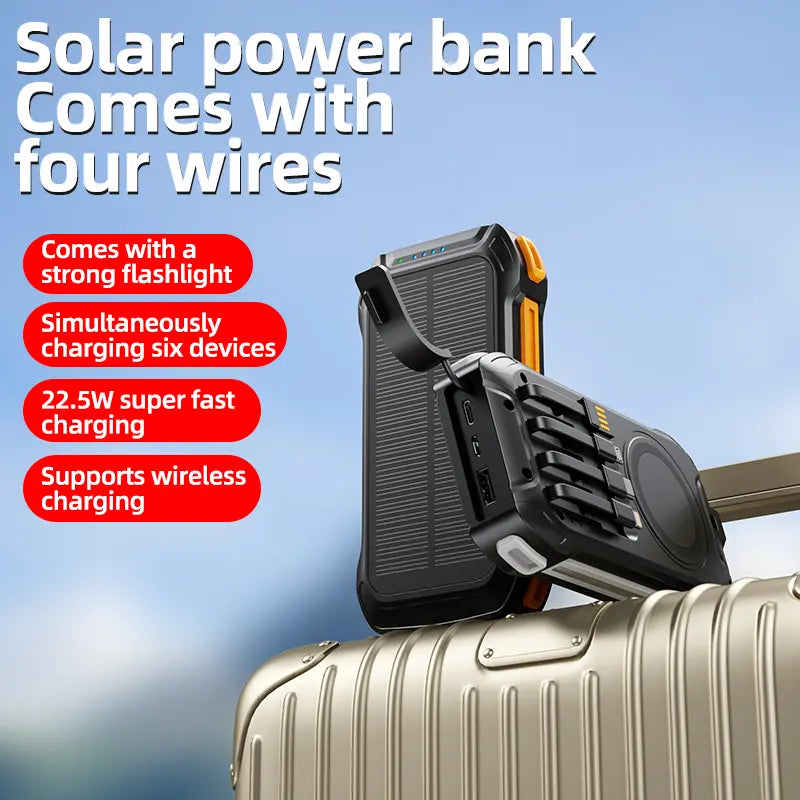 36000mAh Solar Portable Charger with 22.5W High-Speed Charging, Wireless Power Bank, QC3.0 Fast Charging, USB-C & Four Ports, Dual LED Flashlight, Outdoor Emergency Battery Pack