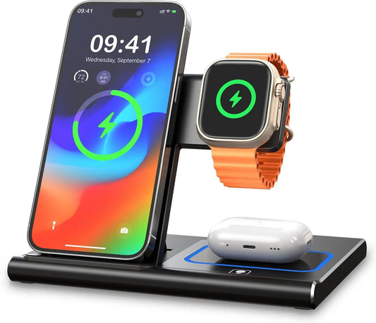 3 in 1 Charging Station, Charging Station for Apple Devices, Wireless Charger for Iphone 16 15 14 13 12 11 Pro Max XR XS 8, Apple Watch and Airpods(Adapter Not Included)(Rock Black)