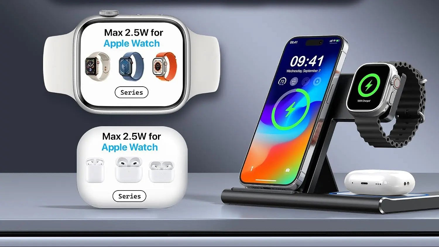 3 in 1 Charging Station, Charging Station for Apple Devices, Wireless Charger for Iphone 16 15 14 13 12 11 Pro Max XR XS 8, Apple Watch and Airpods(Adapter Not Included)(Rock Black)