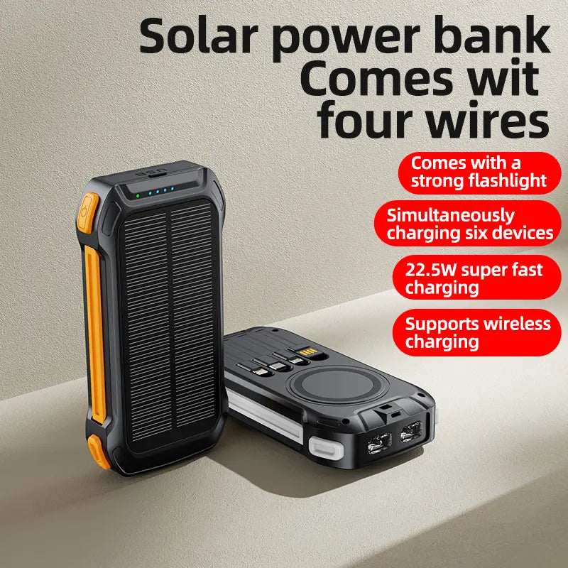 36000mAh Solar Portable Charger with 22.5W High-Speed Charging, Wireless Power Bank, QC3.0 Fast Charging, USB-C & Four Ports, Dual LED Flashlight, Outdoor Emergency Battery Pack
