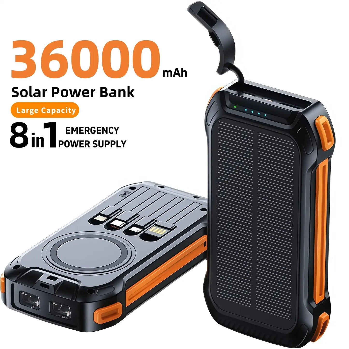 36000mAh Solar Portable Charger with 22.5W High-Speed Charging, Wireless Power Bank, QC3.0 Fast Charging, USB-C & Four Ports, Dual LED Flashlight, Outdoor Emergency Battery Pack
